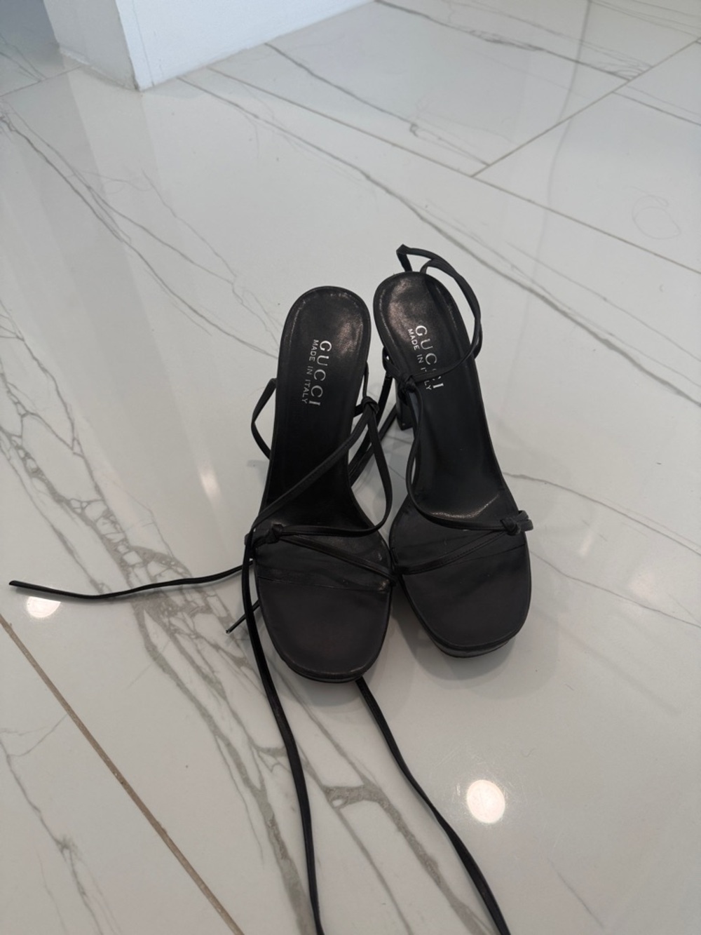 Gucci Black Leather Lace-Up Strappy High Heels